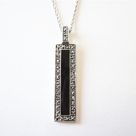 Black Enamel Rectangle Pendant with Marcasite - Click Image to Close